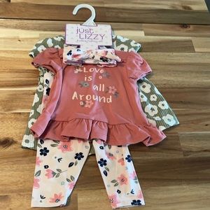 Baby 4 pack outfit. Headband, 2 tops, leggings
